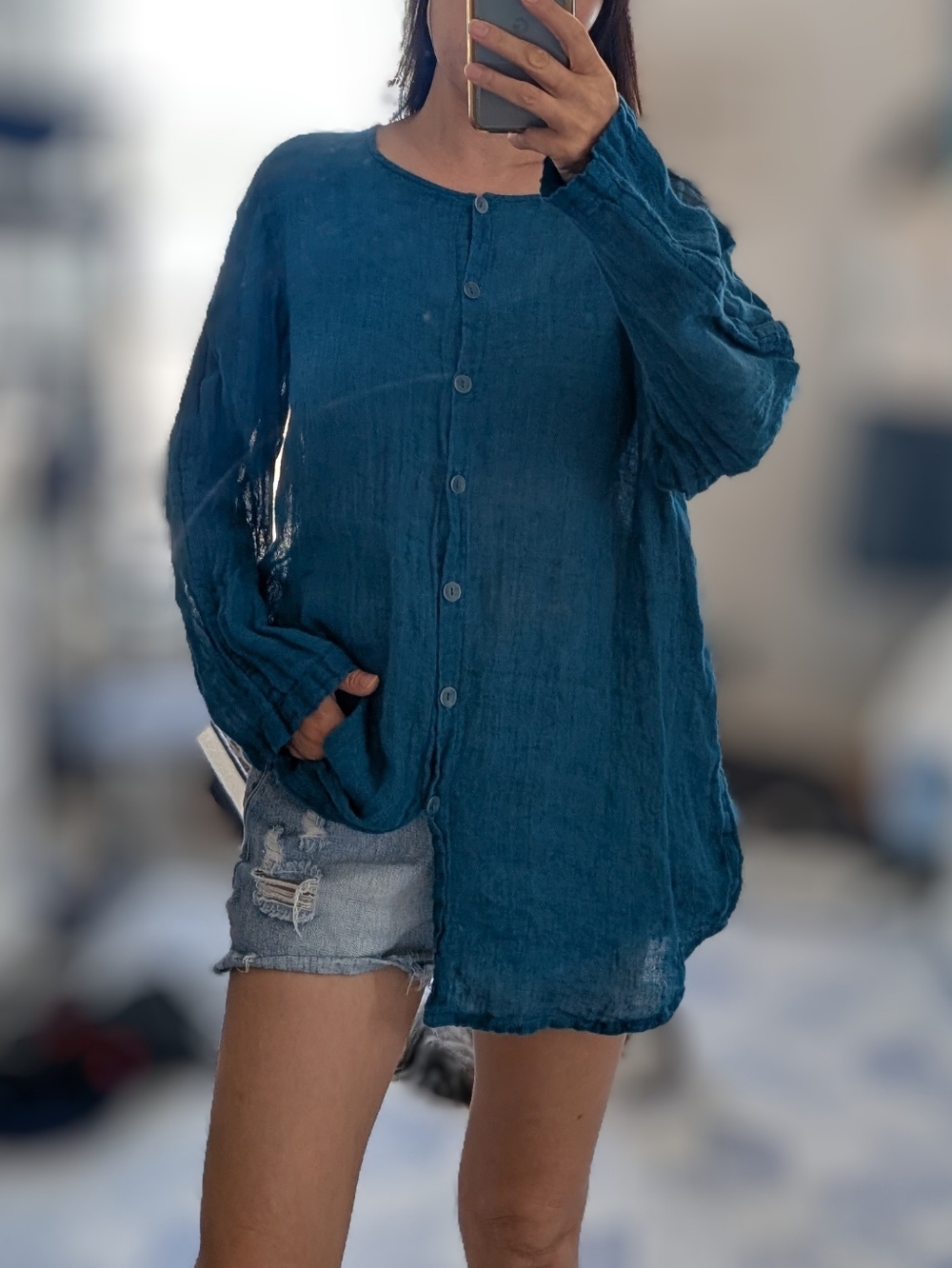 Flax Teal Blue Button-Down 100% Linen Shirt